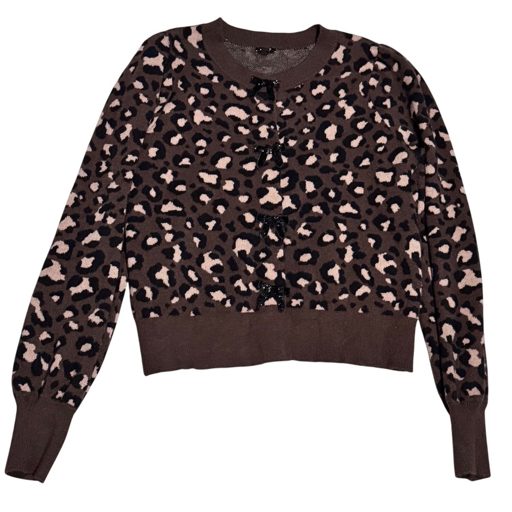 Express Leopard Print Cardigan Women Medium Brown Beaded Bows Animal Sweater